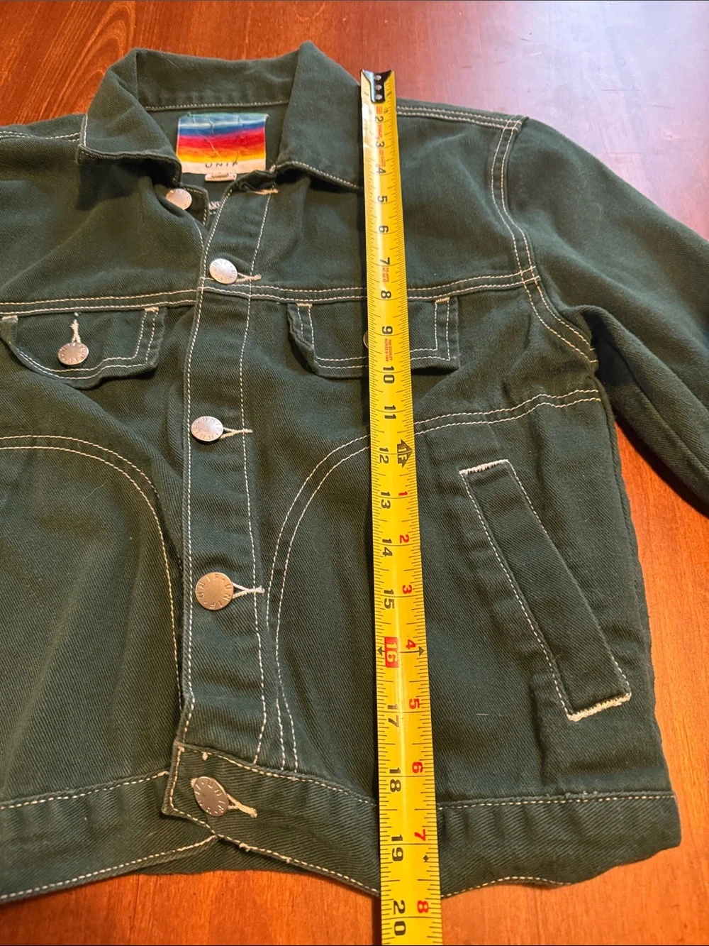 UNIF Green Denim Jacket Contrast White Topstitching Silver-Tone Buttons Small